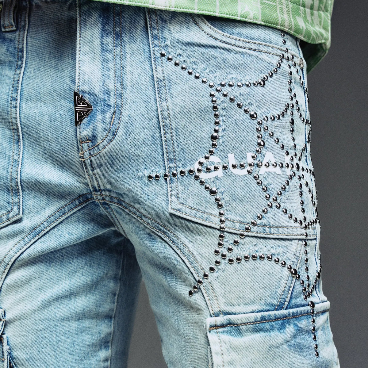 AQUA BLUE SPIKES CARGO DENIM