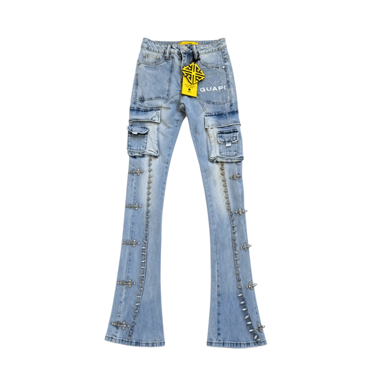 AQUA BLUE SPIKES CARGO DENIM